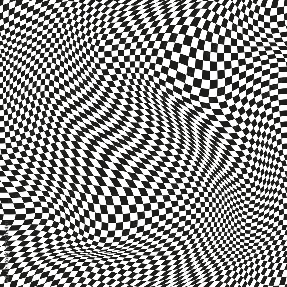 Aufkleber seamless checkered pattern. distorted optical illusion banner. op art checkered curved pattern.