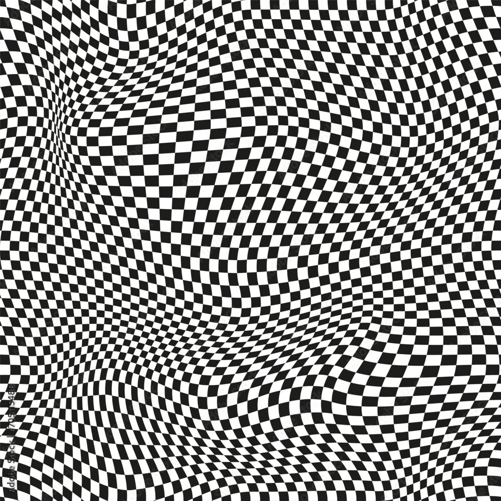 Poster seamless checkered pattern. distorted optical illusion banner. op art checkered curved pattern.