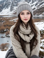 illustration of a portrait of a beautiful young woman in winter clothes, in a snowy landscape