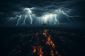 Captivating Scene. Lightning Strikes Amidst Ominous Thunderclouds over Majestic Urban Cityscape