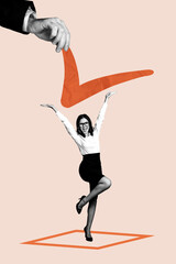Vertical collage standing young business lady celebrating success victory tick accomplishment...
