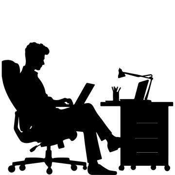 A businessman working on a laptop silhouette in vector file 100% editable.