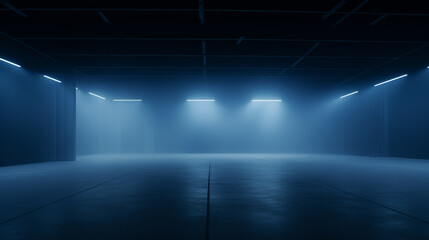 Empty dark scene with smoke effect. Dark showroom.