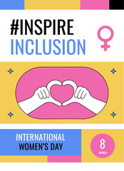 International Women's Day 2024 campaign #InspireInclusion. Geometric abstract poster in the trendy retro Neo brutalism style. IWD 8 March Women's History Month. Inspire Inclusion feminism holiday.