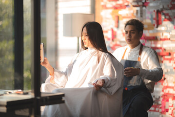 Asian Hairdresser giving treatment and barber occupation service, Professional hairstylist combing...