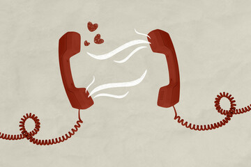 Image drawing picture collage of two phones loving couple calling on valentine day 14 february telling wedding proposition