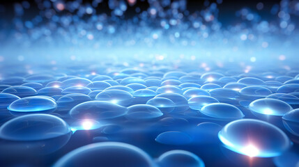 The image depicts a serene, vast field of luminescent blue bubbles against a soft, bokeh light background, invoking a sense of tranquility and the microscopic world.Background concept. AI generated.