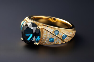 Golden ring with blue sapphire,topaz and diamonds gem stones.Jewelry accessories concept.Generative AI