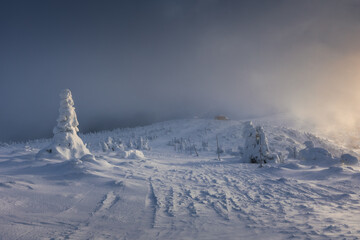 A beautiful winter in the Karkonosze Mountains, heavy snowfall created an amazing climate in the mountains. Poland, Lower Silesia Voivodeship.