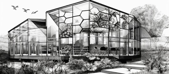 vector illustration of butterfly and butterfly house hexagon in sketch