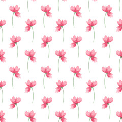 Сute watercolor pattern, pink flowers on a white background. Pattern for various products, paper, bedding, wrapping etc