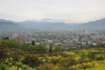 Panoramic view of the Chilean capital Santiago de Chile and the Andes in the background