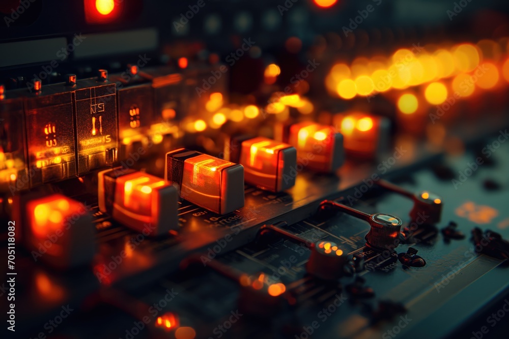 Poster closeup data storage server room or dj operator switchboard led technology background