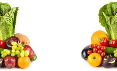 Fruits and vegetables isolated on white. Free space for text. Collage.