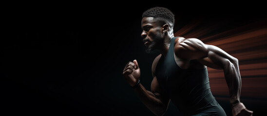 African male athlete running. Athletic sport fitness banner. Muscular man sprinting with motion blur. - obrazy, fototapety, plakaty