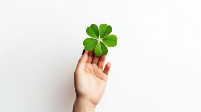 Hand holds a shamrock clover in white background, Happy Saint Patrick's Day background, AI generated