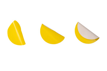 Round yellow stickers, blank tags labels isolated on a white background.