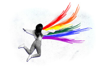 Collage creative poster monochrome effect young woman fly high freedom lgbtq pride month day colorful wings white background