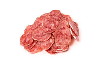 Tasty salami slices isolated on a white background.