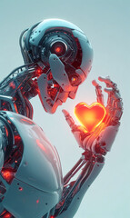 Advanced Robotic Being Tenderly Cradling a Luminous Heart, Symbolizing the Intersection of Advanced Machinery and Human Emotions