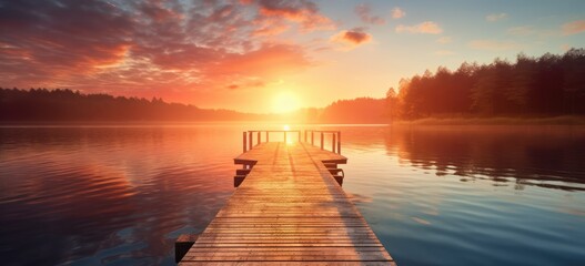 Serene lake sunrise with tranquil waters and vibrant sky. Nature and tranquility. - obrazy, fototapety, plakaty