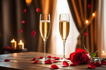 Red rose petals artfully scattered across an antique wooden table, two tall champagne glasses with delicate golden rims catching the soft flicker of candlelight. Generative AI