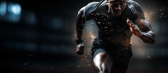 African male athlete running. Athletic sport fitness banner. Muscular man sprinting with motion blur.