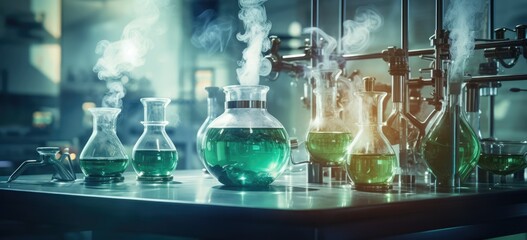 Chemical laboratory with glassware and steam. Scientific research and development.