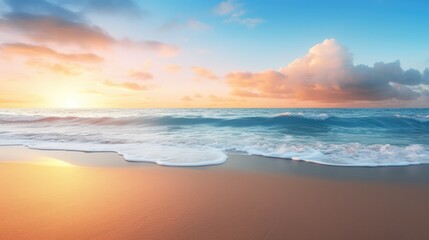 Fototapeta premium Panoramic view of a sunrising beach, with warm colors sky