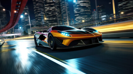 High-speed sports car racing through city streets at night. Urban lifestyle and luxury.