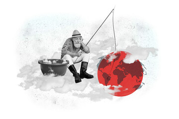Photo banner collage of unhappy grandfather fisherman sitting and fishing on red planet earth...