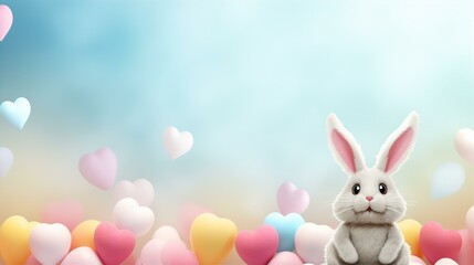 Valentine Day background with colorful hearts and a bunny