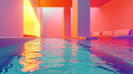 Fototapeta na wymiar abstract architecture interior 3d renders colorful lighting swimming pool reflection