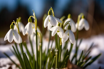 Snowdrop flowers in the snow, selective focus. Greeting card for the holidays in March