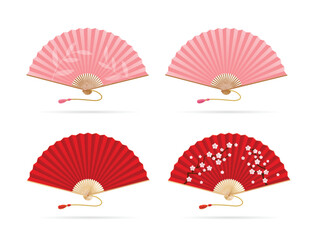Realistic Detailed 3d Red and Pink Asian Hand Fans Set Symbol of Culture. Vector illustration of Paper Folding Fan Empty and with Print
