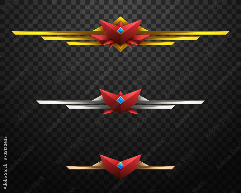 Poster abstract red fantasy game level rank badges with gold, silver and bronze borders for game ui designs