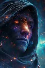 Obraz premium the person in the space. Alien, demigod, nebulas, stars. Black hole. Eternal being, immortal. Portrait, fantasy