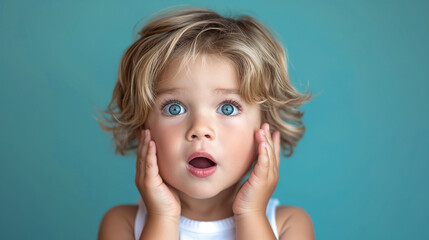 Scared blond little boy with beautiful big blue eyes and dressed in white t-shirt on blue background. Generated with AI