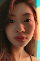 A close-up captures a softly lit Chinese teenager with long brown hair, a serene expression, and light makeup