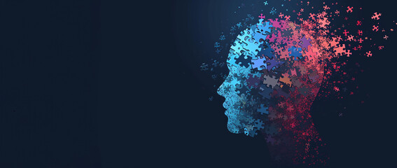 Human head profile and jigsaw puzzle, cognitive psychology or psychotherapy concept, mental health, brain problem, personality disorder, vector line design,