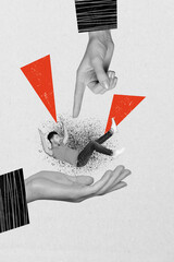Vertical creative photo collage illustration of huge arm directing push falling into another hand...