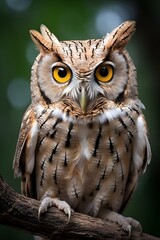 Fototapeta premium an owl is sitting on a branch near the green forest