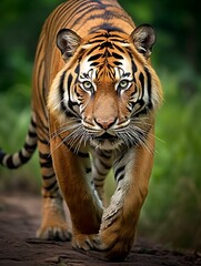 Fototapeta premium a tiger walking along the forest path with his front paws on the ground