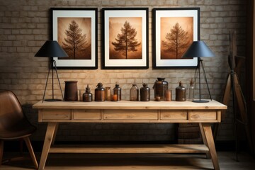 A wooden table with three framed photographs on top. The table is made of sturdy wood and has a smooth finish
