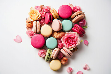 French macaroons and flowers arranged in heart-shape, Valentine's Day greeting card.