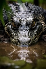 Obraz premium a crocodile is sitting in some water with plants behind it