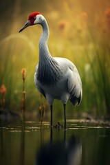 Obraz premium a large bird is standing in the water and water plants