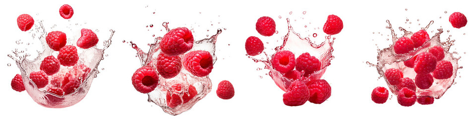 Set of Raspberries in juice splash isolated on a transparent background