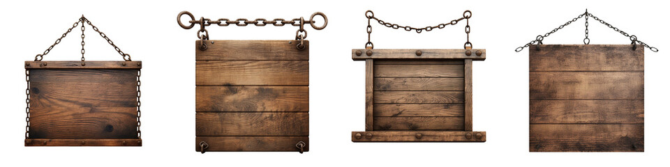 Set of Medieval wooden sign hanging on chains isolated on a transparent background
