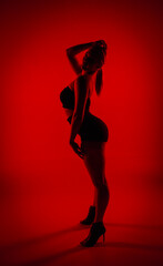 Silhouette female dancer in black shorts and top dancing on high heels. Young woman poses gracefully and shows off slender flexible body in dark studio with red light.